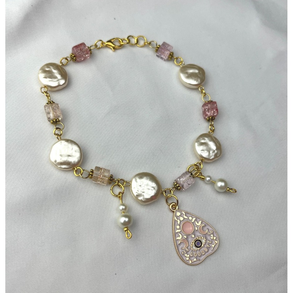 Handmade Beaded Bracelet Ouija Board Planchette Charm Pink Purple Whimsy Witchy